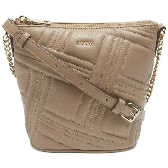 DKNY Allen Small Bucket Crossbody Bag Taupe Quilted Leather Gold Chain MSRP $198 - Picture 1 of 11